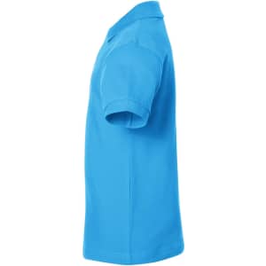 A side view of a bright blue polo shirt featuring short sleeves and a collar, with a logo on the chest.