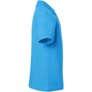A side view of a blue polo shirt with a collar and short sleeves, featuring a logo.