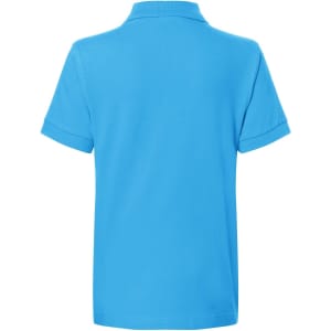 A blue polo shirt with a classic design, featuring a collar and short sleeves, and includes a logo.