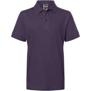 A purple polo shirt with a collar and short sleeves, featuring a button at the neck and a logo.