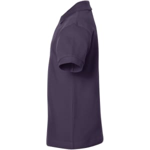 A side view of a purple polo shirt featuring a collar and short sleeves, with a logo or branding present.