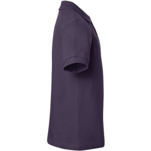 A side view of a classic junior polo shirt in deep purple, featuring a collar and short sleeves with a logo.