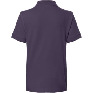 A dark purple polo shirt with short sleeves and a classic collar. The back view is displayed.