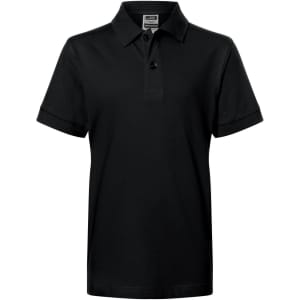 A black polo shirt featuring a classic design, short sleeves, and a buttoned collar. It includes a logo on the front.