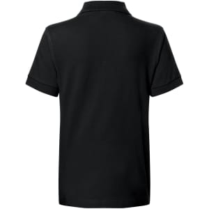 A black polo shirt with short sleeves and a collar, featuring a logo on the back.
