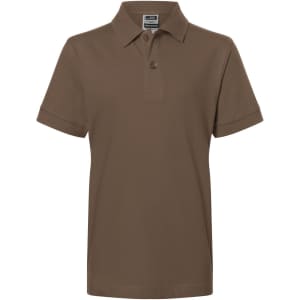 A brown polo shirt with a collared neck and short sleeves, featuring a logo on the label.