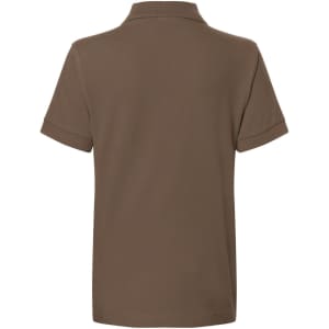 A brown polo shirt featuring a classic design and a short sleeve style, with a logo on the back.