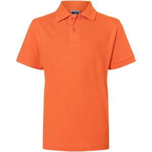 An orange polo shirt with a classic collar and short sleeves, featuring a logo on the chest.