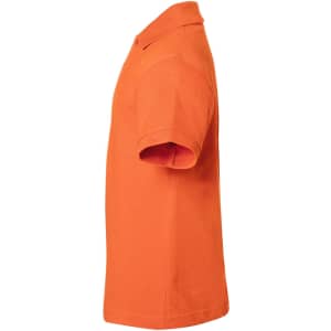 An orange polo shirt with short sleeves, featuring a collar and a logo on the front.