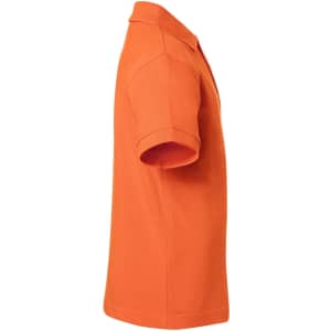 An orange polo shirt is displayed from the side, featuring a classic collar and short sleeves. It has a logo on it.
