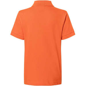 An orange polo shirt featuring a collar and short sleeves, displaying a logo on the back.