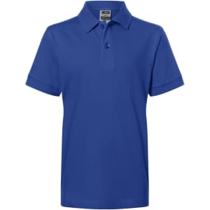 A blue polo shirt with a collar and a single button, featuring short sleeves and a label inside.