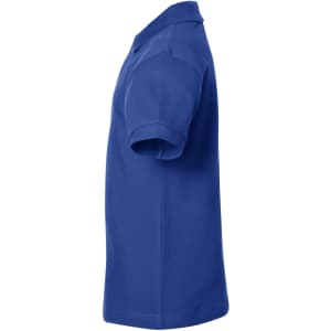 A blue polo shirt with short sleeves, featuring a collar and a logo. Side view showing its classic cut.