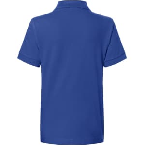 A blue polo shirt with a classic design, featuring a collar and short sleeves, along with a branded logo.