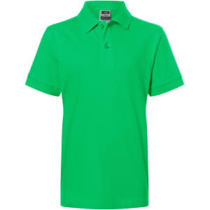 A green polo shirt with a collar, featuring short sleeves and a branding logo on the label.