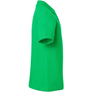 A green polo shirt displayed from the side, featuring short sleeves and a collar. It has a logo on the chest.