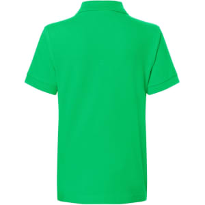 A bright green polo shirt with a collar and short sleeves. The back view is displayed, featuring a logo.