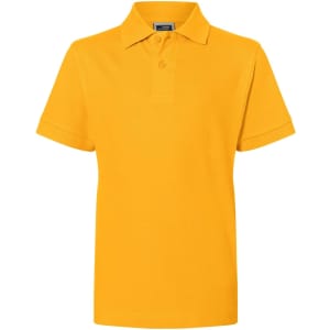 A short-sleeved yellow polo shirt with a collar and a logo on the chest.