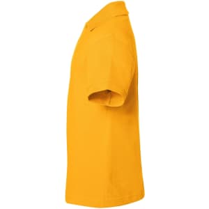 A side view of a bright yellow polo shirt featuring a collar and short sleeves, with a logo on the chest.