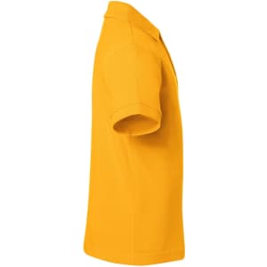 A side view of a bright yellow polo shirt with short sleeves, featuring a collar and a logo.