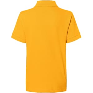 A yellow polo shirt with short sleeves and a collar. The back view features a simple design and includes a logo.