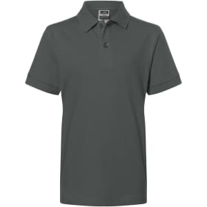 A grey polo shirt featuring a collar and short sleeves, with a logo on the chest area.