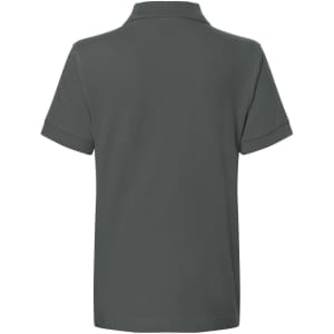 A classic polo junior shirt in a dark grey colour, featuring a collar and short sleeves, with a logo on the back.