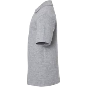 A grey polo shirt with a collar and short sleeves, featuring a logo.