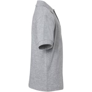 A grey polo shirt with short sleeves and a collar, featuring a logo on the side.
