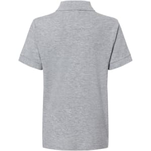 A grey polo shirt with a classic style and short sleeves. It features a collar and has a logo.
