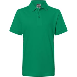 A green Classic Polo Junior shirt featuring a collar, button placket, and short sleeves. It has a logo on the front.