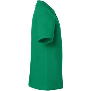 A green polo shirt displayed from the side, featuring a collar and short sleeves, with a logo visible.