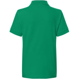 A green polo shirt with short sleeves and a collar, featuring a logo on the back.