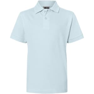 A light blue polo shirt featuring a two-button placket and short sleeves, with a small logo on the chest.