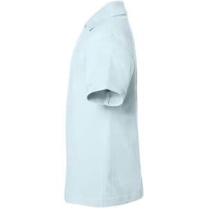 A light blue polo shirt viewed from the side, featuring short sleeves and a collar. The shirt has a logo.