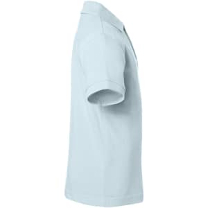 A light blue polo shirt with short sleeves and a collar. The design includes a logo.