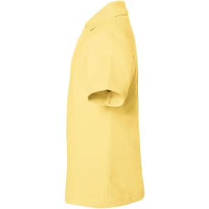A yellow polo shirt displayed from the side, featuring a collared neckline and short sleeves, with a logo.