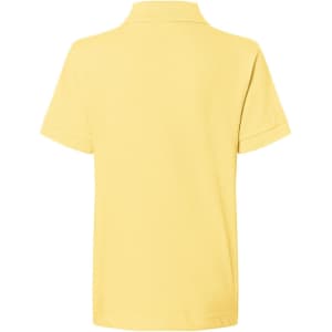 A yellow polo shirt with a classic design, featuring a collar and short sleeves. The shirt has a logo on it.