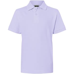 A lilac polo shirt with a classic collar and short sleeves, featuring a logo on the chest.
