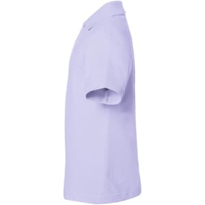 A purple polo shirt with short sleeves and a collar, featuring a logo on the side.