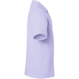 A lilac polo shirt featuring short sleeves and a collar, with a logo on the side.
