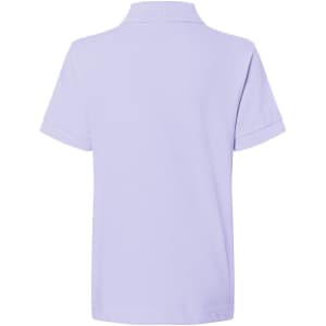A lilac polo shirt with short sleeves and a classic collar. The back view features a simple design and a logo.