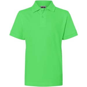 A vibrant green polo shirt with a collar and short sleeves, featuring a logo on the chest.