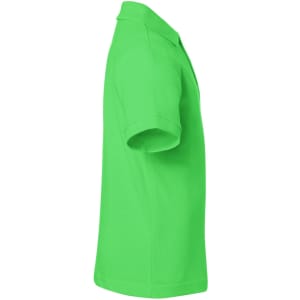 A bright green polo shirt shown from the side, featuring a classic design and a logo.