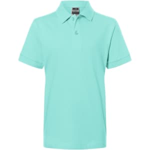 A mint green polo shirt with a classic collar and three-button placket. It features a logo on the branding.
