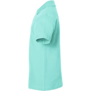 A mint green polo shirt with a classic collar and short sleeves, featuring a logo on the chest.