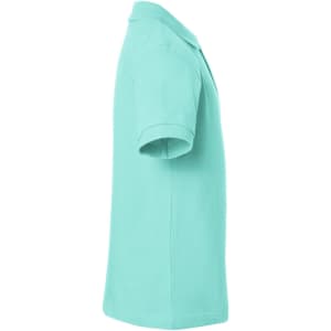 A mint green polo shirt shown from the side, featuring a collar and short sleeves. The shirt has a logo.