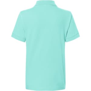 A mint green polo shirt with short sleeves, featuring a collar and a logo on the back.