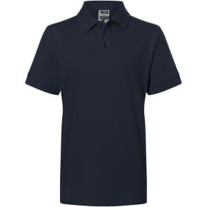A navy blue polo shirt with a three-button placket and short sleeves, featuring a logo.