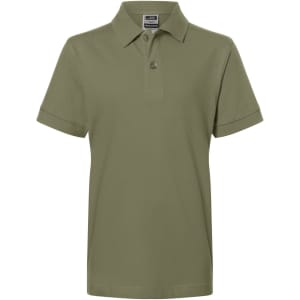 A green polo shirt with a collar and button placket, featuring rolled sleeves and a logo on the label.